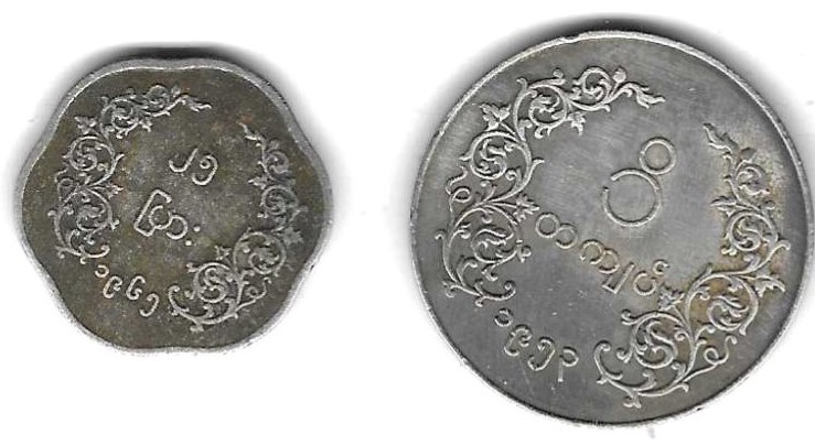  Myanmar (Birma) 1 Kyat 1953, 25Pya 1965, Cu-Ni, 1 x gut, 1 x weniger gut, siehe Scan unten   