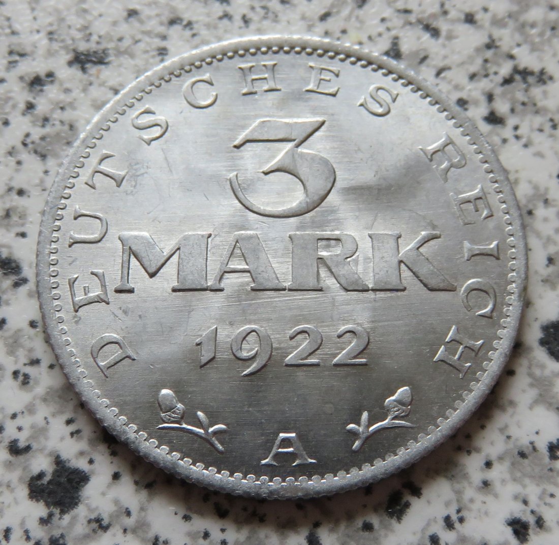  Weimarer Republik 3 Mark 1922 A, Erhaltung   