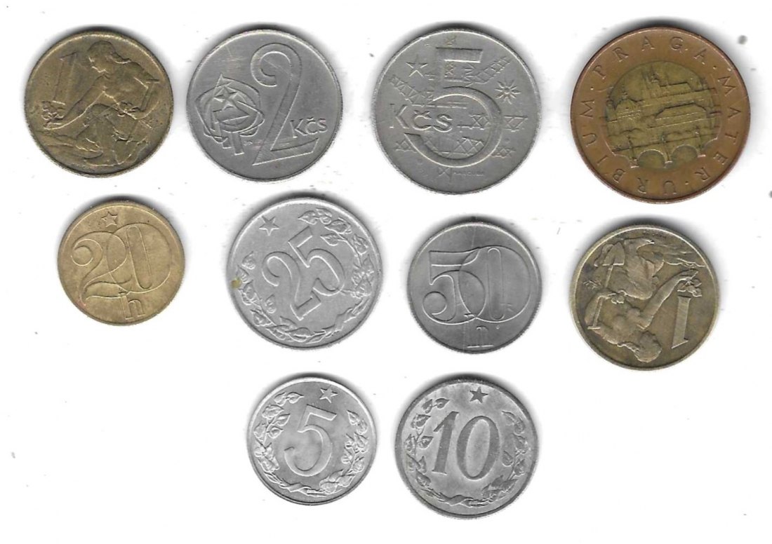  Tschechoslowakei Lot mit 10 verschiedenen Münzen, SS - Stempelglanz, Einzelaufstellung und Scan unte   