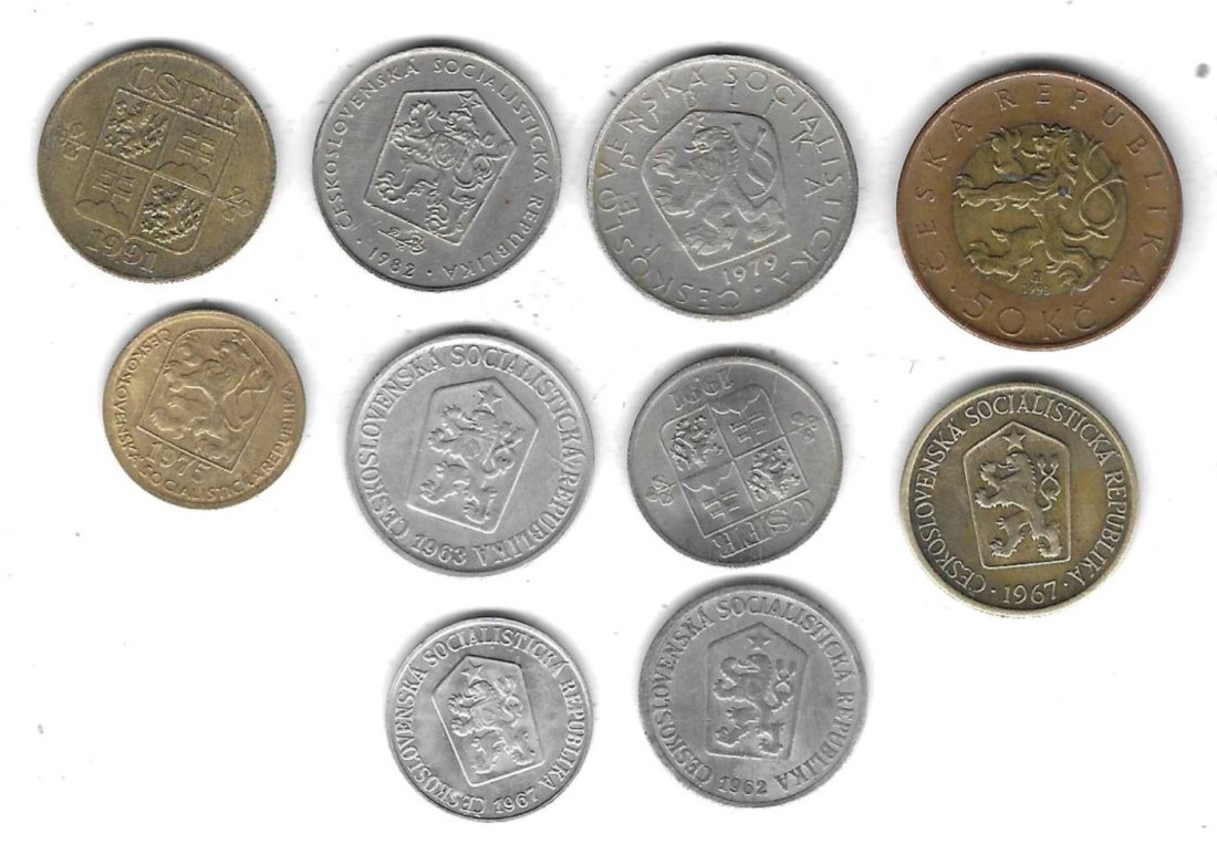  Tschechoslowakei Lot mit 10 verschiedenen Münzen, SS - Stempelglanz, Einzelaufstellung und Scan unte   