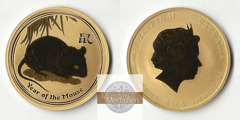 Australien, 100 Dollar MM-Frankfurt Feingold: 31,1g Jahr der Maus 2008 