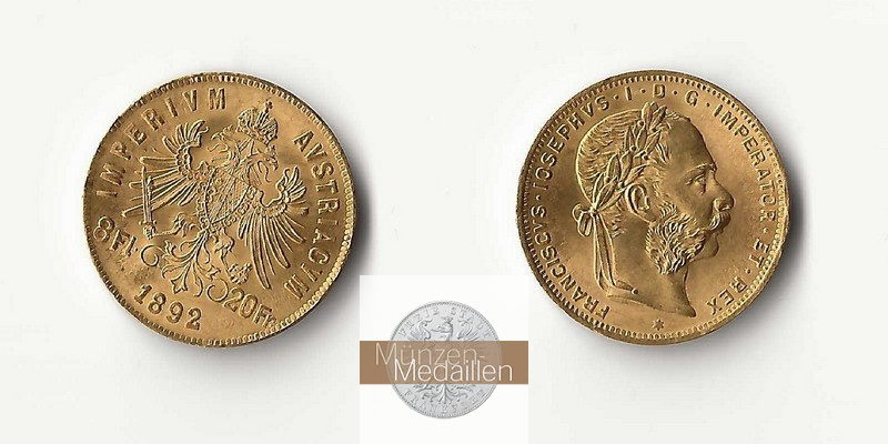 Österreich MM-Frankfurt Feingold: 5,81g 8 Florin - 20 Francs 1892 NP 