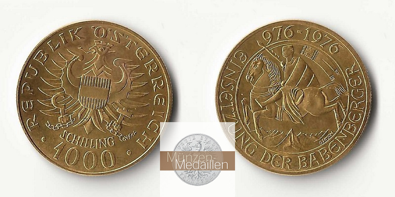 Österreich  1000 Schilling MM-Frankfurt Feingold: 12,15g Einsetzung der Babenberger 1976 
