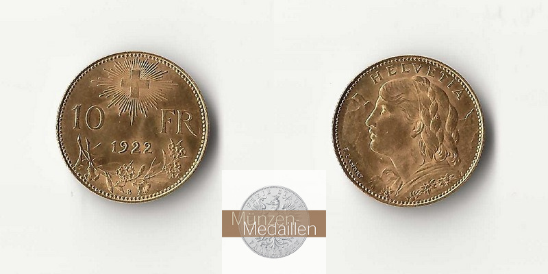 Schweiz  10 sFR MM-Frankfurt Feingold: 2,90g 1/2 Vreneli 1922 B 