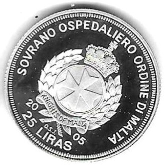  Souveräner Malteserorden 25 Liras 2005,  Silber 8,2 gr. 0,925, Proof und rar, siehe Scan unten   