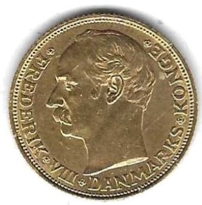  GOLD Dänemark 20 Kronen 1908, Gold 8,96 gr. 0,900, Stempelglanz siehe Scan unten   