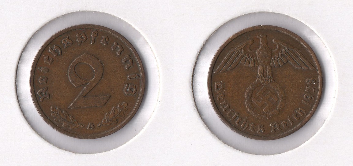  III. Reich 2 Reichspfennig 1938 -A- Jaeger 362. ss-vz   