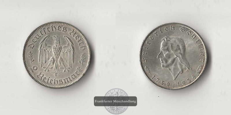  Deutschland, Drittes Reich  2 Reichsmark  1934 Schiller FM-Frankfurt  Feisilber: 5g   