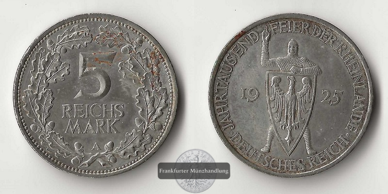  BRD, Weimarer Republik   5 Reichsmark   1925 A   FM-Frankfurt   Feinsilber: 12,5g   