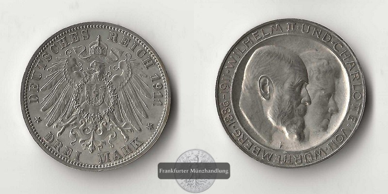  Dt. Kaiserreich. Württemberg, Wilhelm II. 3 Mark 1911 F Silb. Hochzeit FM-Frankfurt  Feinsilber: 15g   