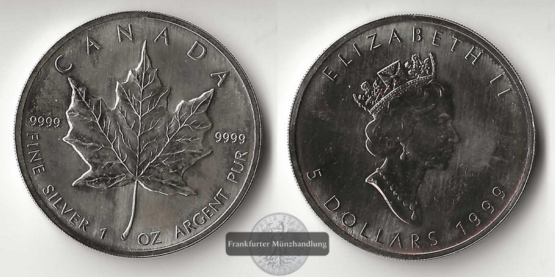  Kanada  5 Dollar  1999     Kanadisches Ahornblatt    FM-Frankfurt Feinsilber: 31,1g   