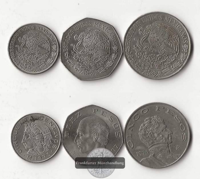  Mexiko, 0,5, 5 und 10 Pesos 1975-1977     FM-Frankfurt    Cu/Ni   