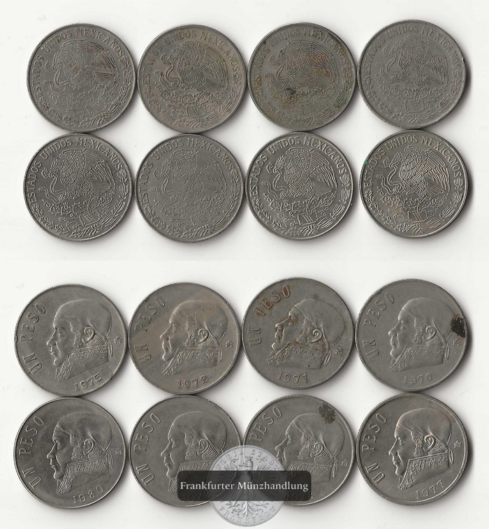 Mexiko,  8x  1 Pesos verschiedene Jgg  FM-Frankfurt  Cu/Ni   