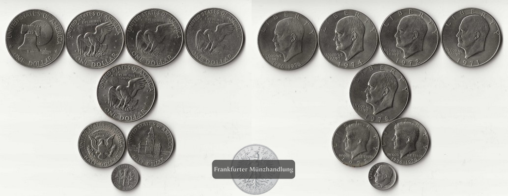  USA, 5x 1 Dollar Eisenhower 2x Half Dollar 1x Dime   FM-Frankfurt     Feinsilber: 58,4g   