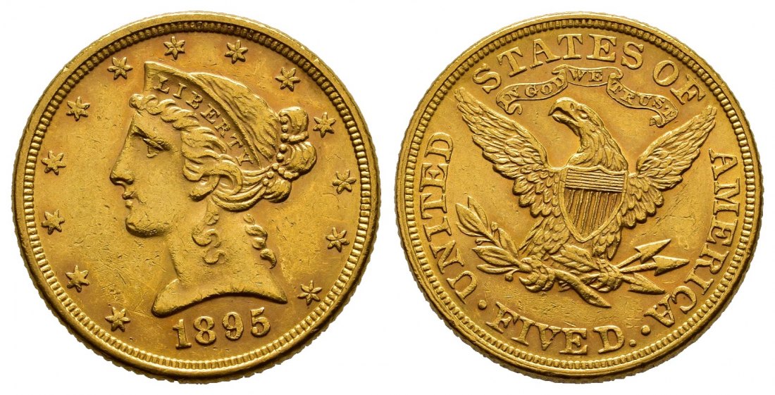 PEUS 8840 USA 7,52 g Feingold. Coronet Head 5 Dollars GOLD 1895 Sehr schön