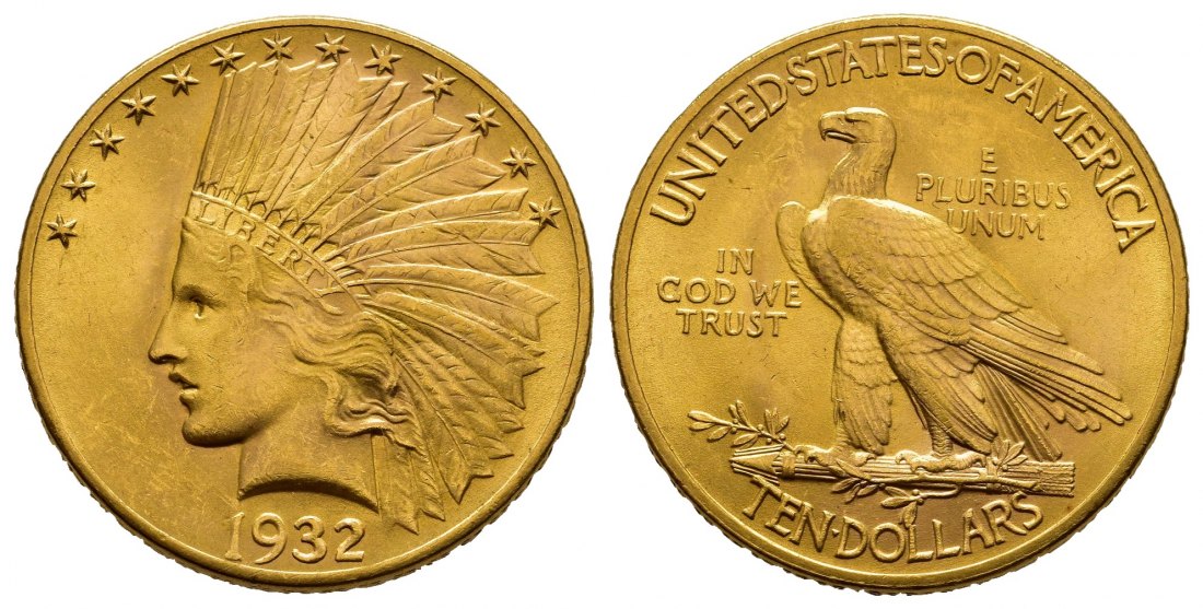 PEUS 8844 USA 15,05 g Feingold. Indian Head 10 Dollars GOLD 1932 Kl. Kratzer, Vorzüglich