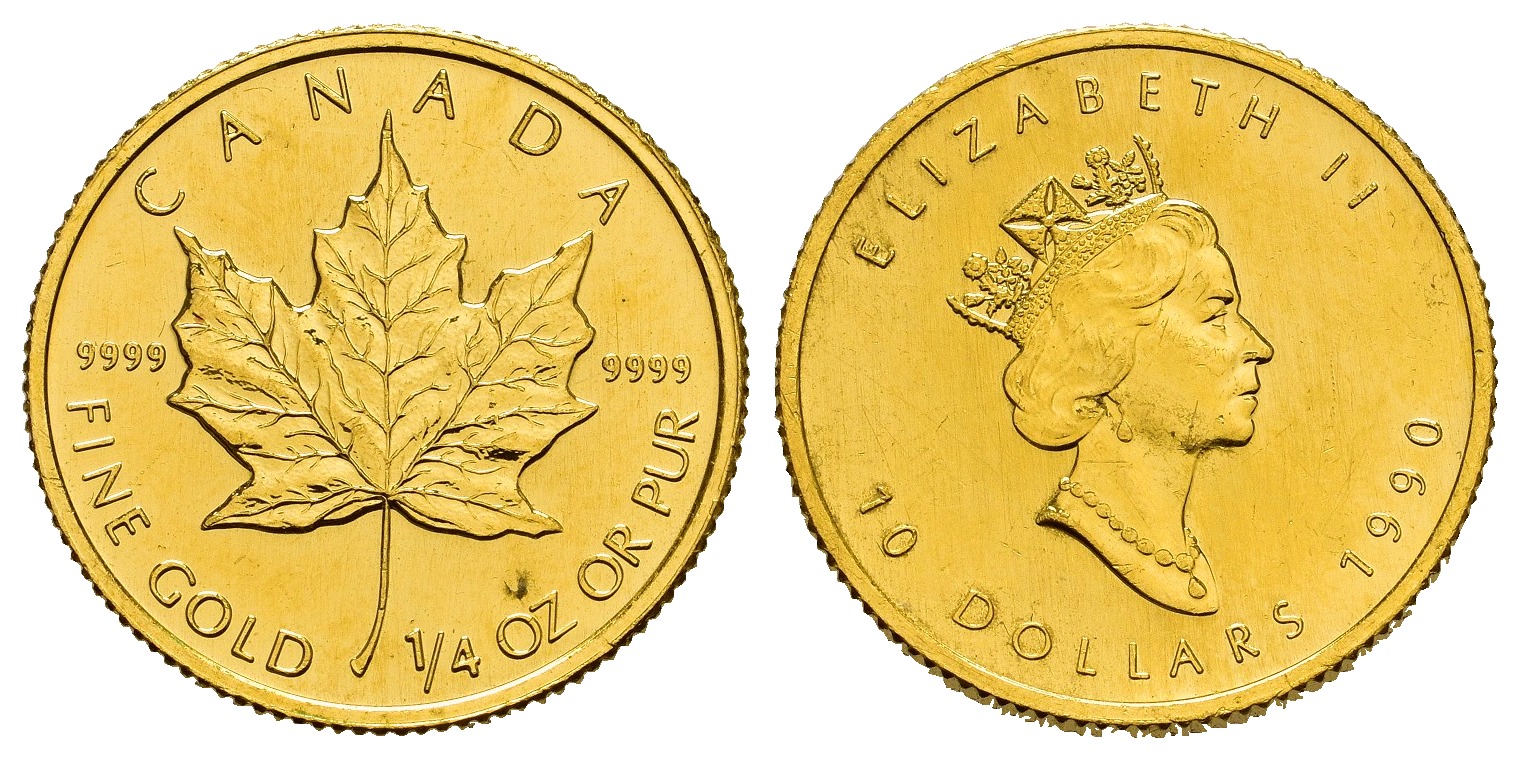 PEUS 8848 Kanada 7,78 g Feingold. Maple Leaf 10 Dollars GOLD Maple Leaf 1/4 Unze 1990 Kl. Kratzer, fast Stempelglanz