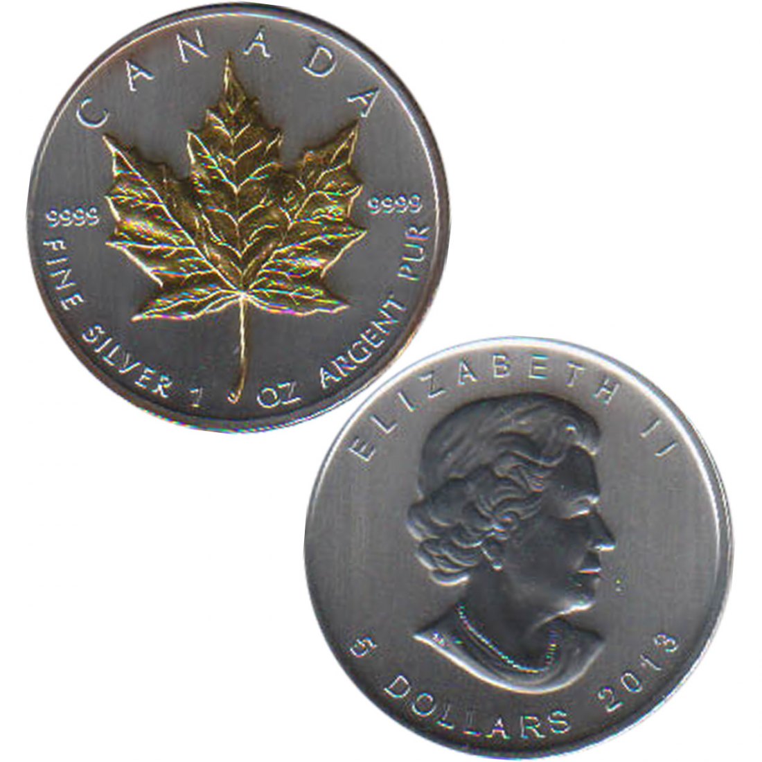 Kanada 5$ Silbermünze *Maple Leaf* 2013 mit 24 Karat Godapplikation 1oz Silber 5.000St!   
