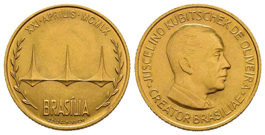 PEUS 8798 Brasilien 8 g / 20 mm. Gründung Brasiliens 21. April 1960 Medaille GOLD (900er) 1960 Kl. Kratzer, Vorzüglich