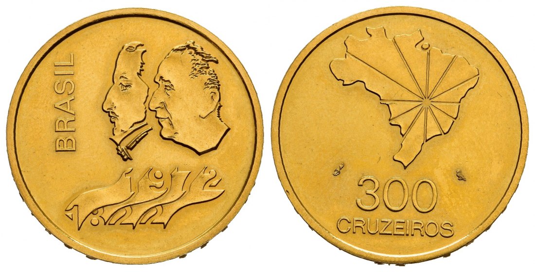 PEUS 8799 Brasilien 15,32 g Feingold. 150. Jahrestag der Unabhängigkeit 300 Cruzeiros GOLD 1972 Impaired Proof / Vorzüglich + aus PP