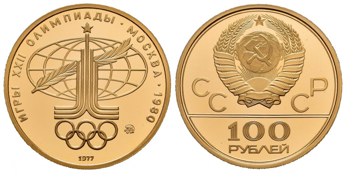 PEUS 8800 Russland / UDSSR 15,55 g Feingold. Sport + Frieden 100 Rubel GOLD 1/2 Unze 1977 MMD Polierte Platte (Kapsel)