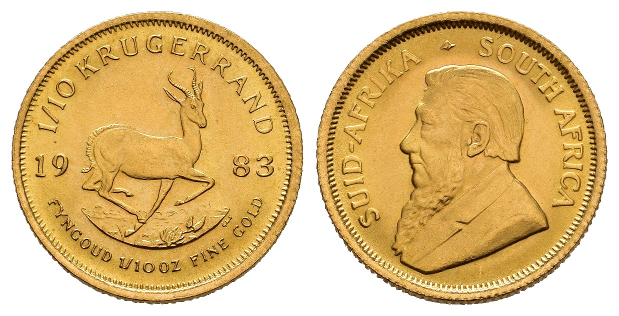 PEUS 8861 Süd-Afrika 3,11 g Feingold 1/10 Krügerrand GOLD 1/10 Unze 1983 Winzige Kratzer, fast Stempelglanz