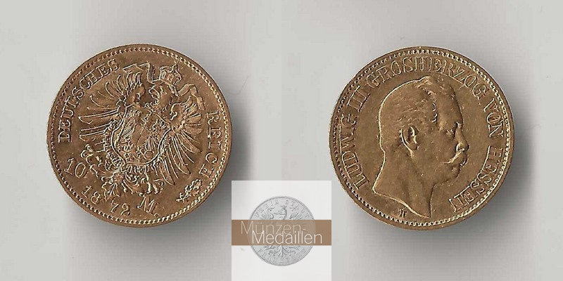 Hessen, Kaiserreich  10 Mark MM-Frankfurt Feingold: 3,58g Ludwig III. 1848-1877 1872 H 