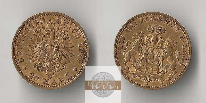Hamburg, Kaiserreich MM-Frankfurt Feingold: 7,17g 20 Mark 1876 J 