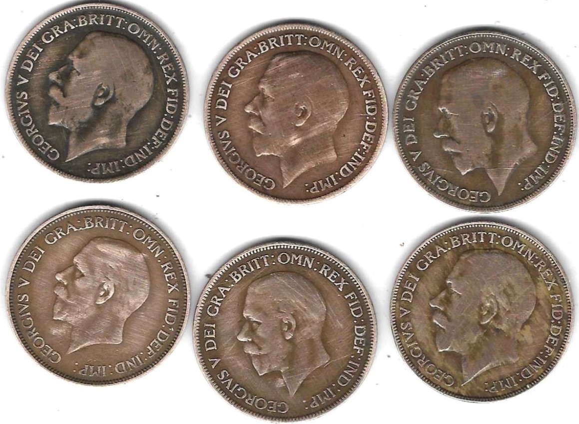  Großbritannien 6 x 1 Penny, 1915, 1917, 1918, 1921, 1931, 1935, nicht so gut erhalten, siehe Scan   