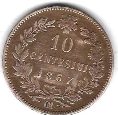  Italien 10 Centesimi 1867, Cu, nicht optimal erhalten, siehe Scan unten   