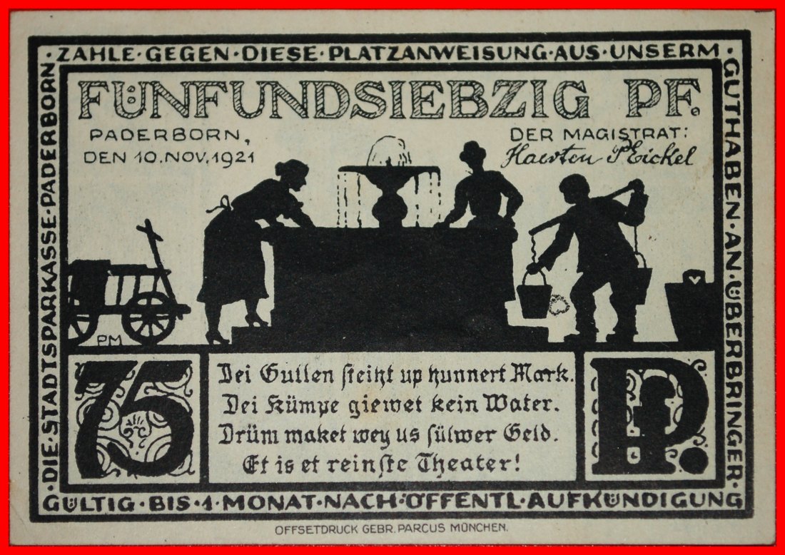  * WESTFALEN: DEUTSCHLAND PADERBORN ★ 75 PFENNIG 1921 KFR KNACKIG! SCHWARZDRUCK!★OHNE VORBEHALT!   