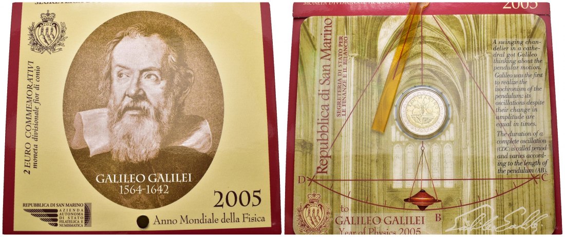 PEUS 8868 San Marino Galileo Galilei. Originalverpackung 2 Euro 2005 Stempelglanz