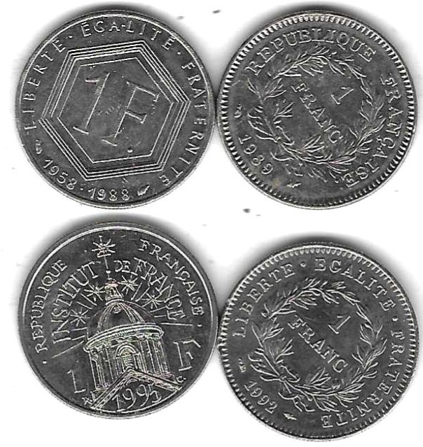  Frankreich 4 x 1 Franc, alle Stempelglanz, Einzelaufstellung und Scan siehe unten   