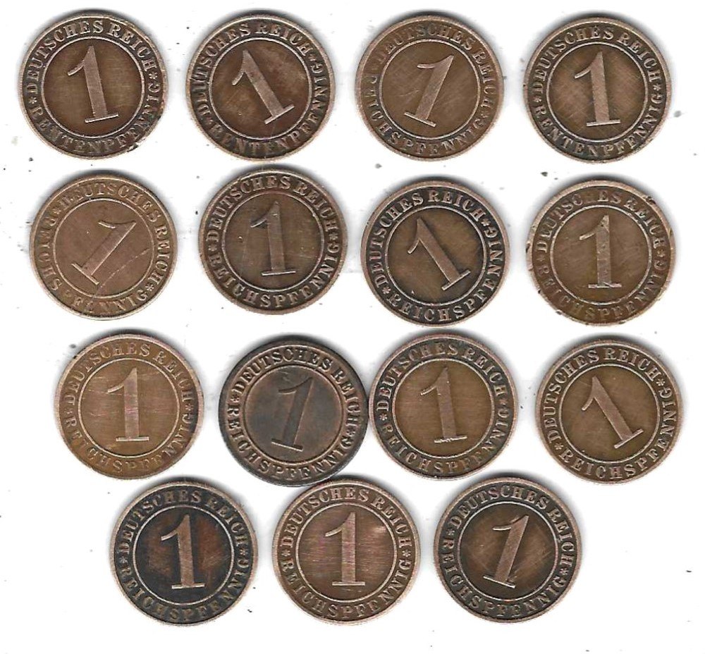  Weimarer Republik 15 x 1 Pfennig, alle verschieden, SS, Einzelaufstellung und Scan siehe unten   
