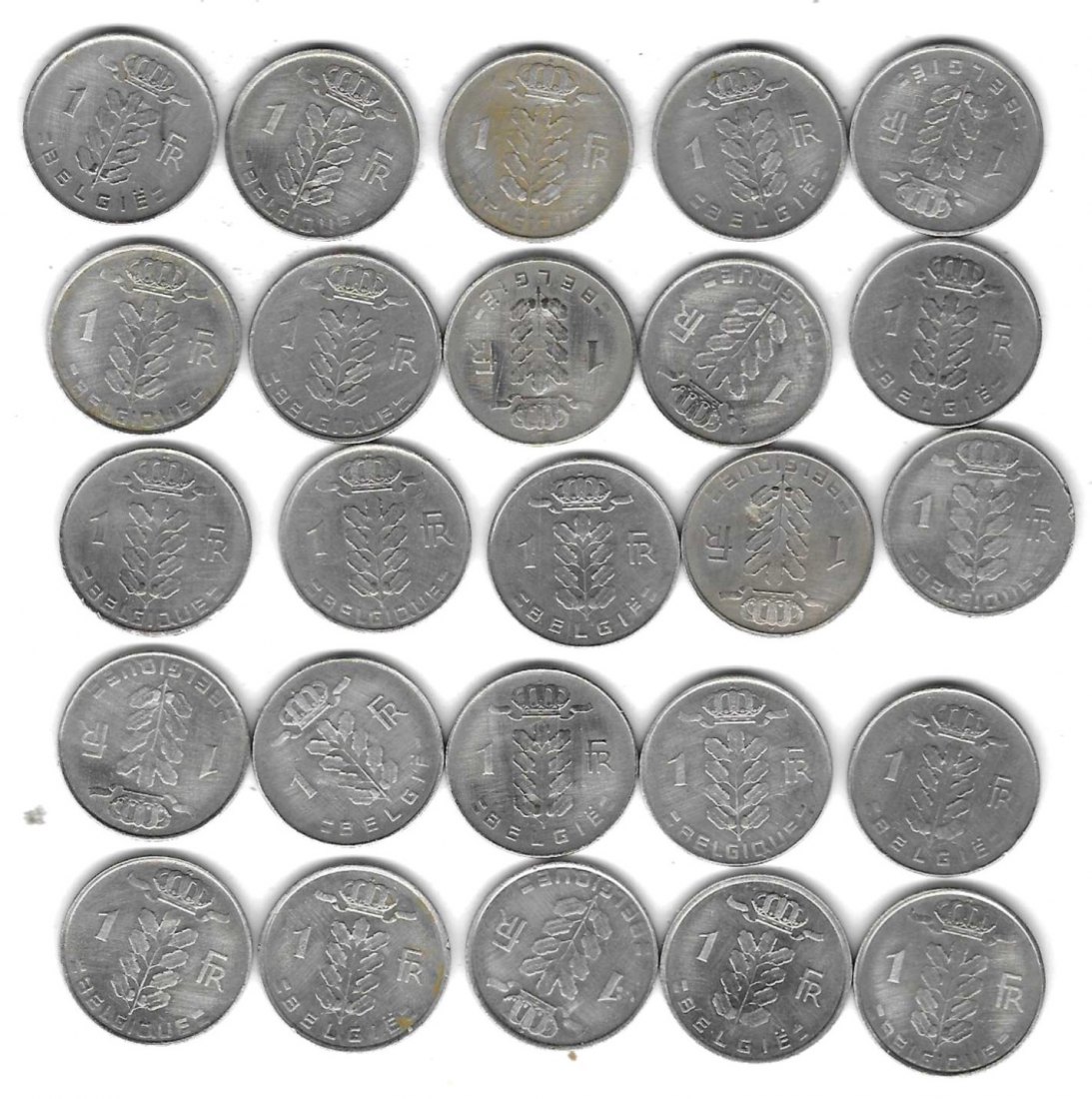  Belgien 25 x verschiedene 1 Franc, SS - Stempelglanz, Einzelaufstellung und Scan siehe unten   