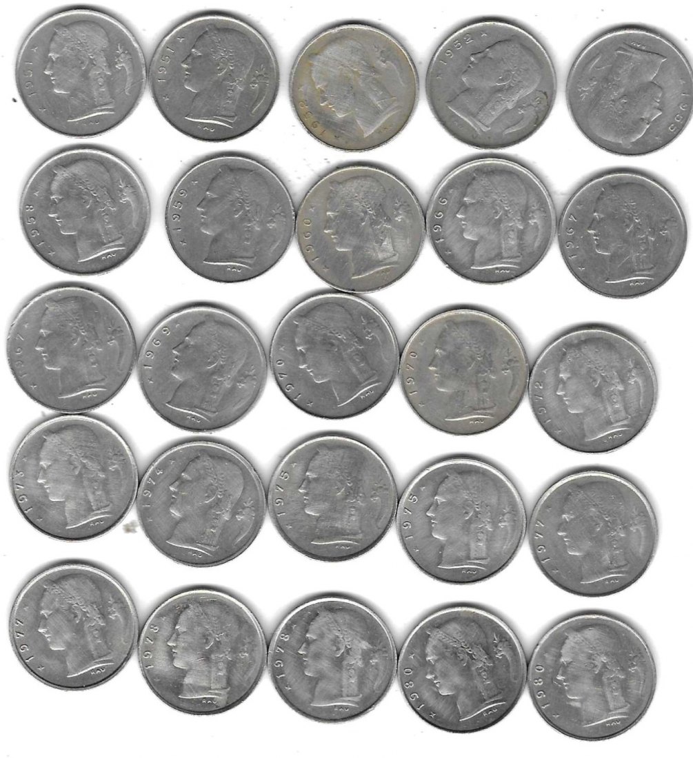  Belgien 25 x verschiedene 1 Franc, SS - Stempelglanz, Einzelaufstellung und Scan siehe unten   