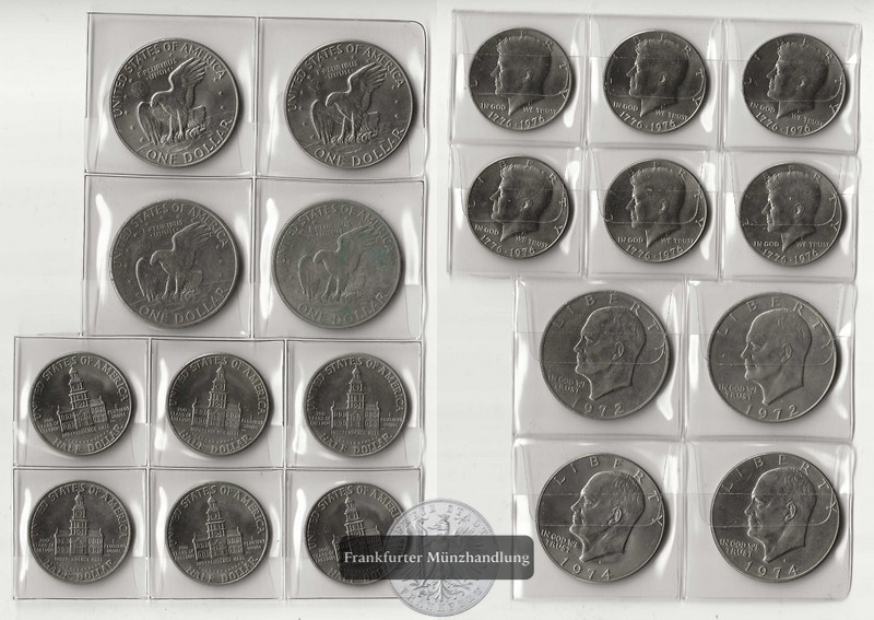  USA,  4x Eisenhower Dollar und 6x  Half Dollar  1976  Kennedy   FM-Frankfurt   