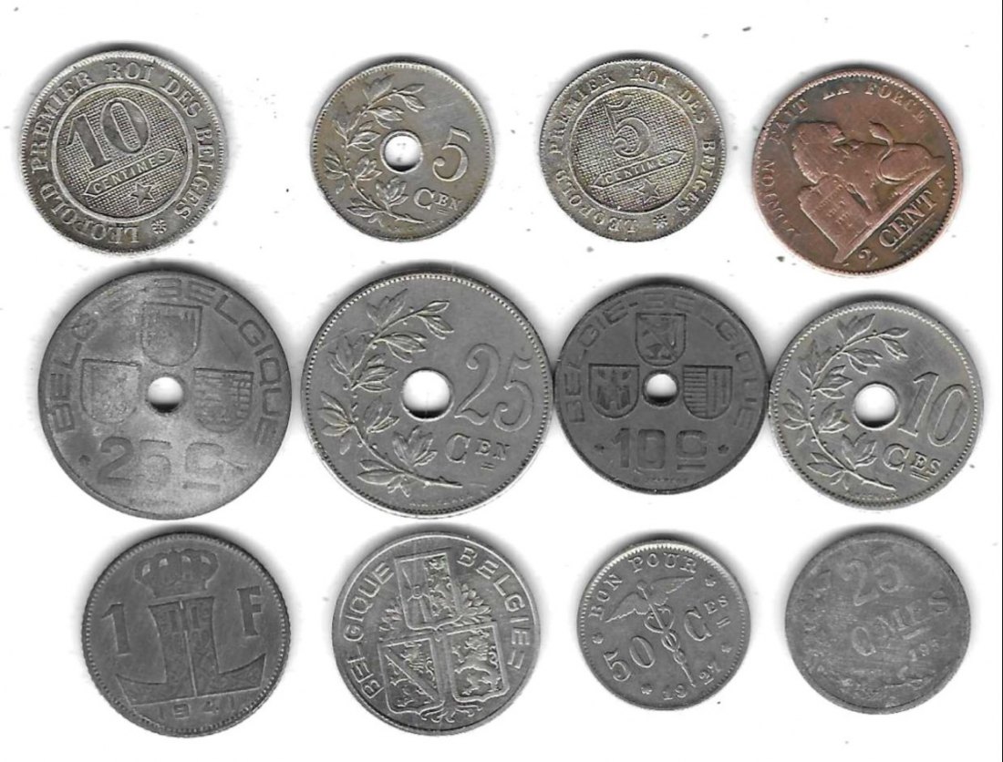  Belgien Lot mit 12 älteren Münzen, abgegriffen - Stempelglanz, Einzelaufst. und Scan siehe unten   