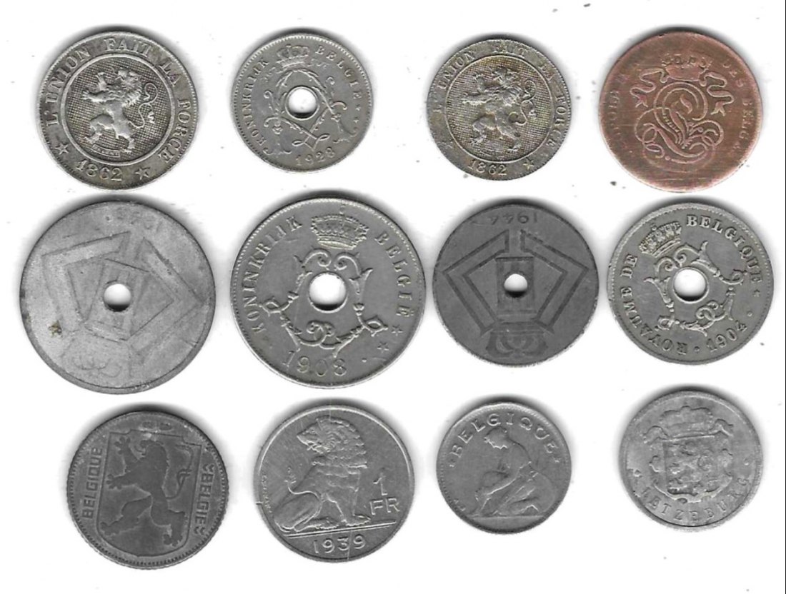  Belgien Lot mit 12 älteren Münzen, abgegriffen - Stempelglanz, Einzelaufst. und Scan siehe unten   