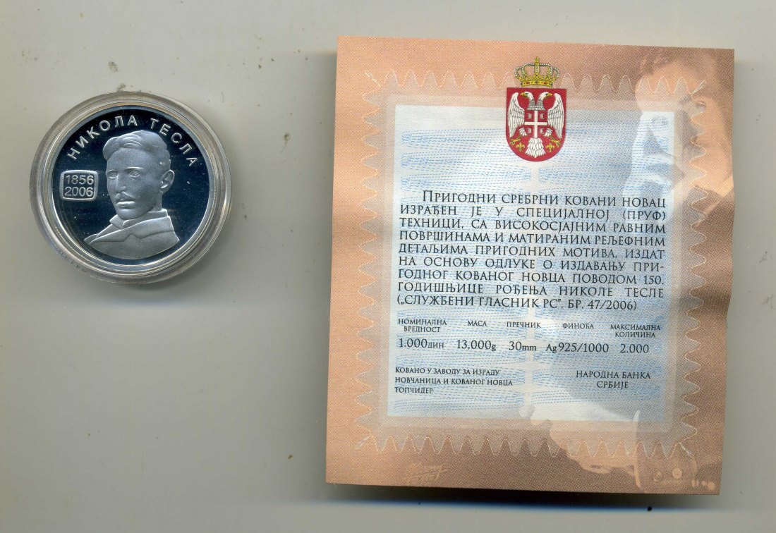  1000 Dinar 2006 Nikola Tesla in Original Etui + Zertifikat sehr selten nur 2000 Stück   