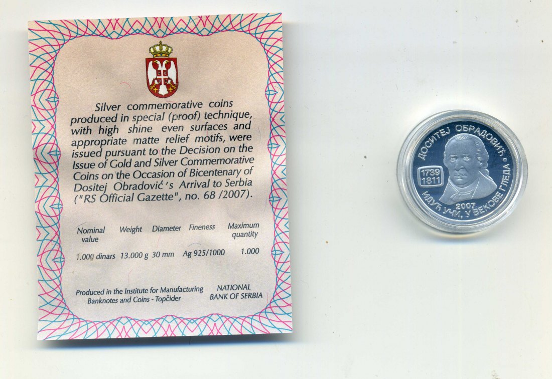 1000 Dinar 2007 Obradovic in Original Etui + Zertifikat sehr selten nur 1000 Stück