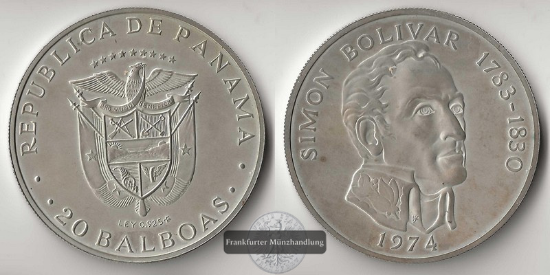  Panama,  20 Balboas  1974  Simon Bolivar  FM-Frankfurt  Feingewicht: 119,87g   