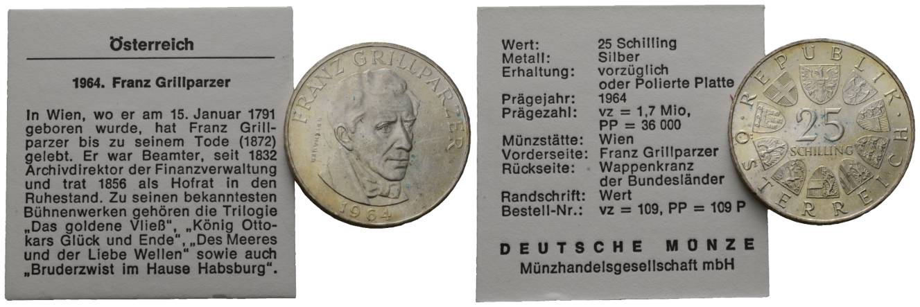  Österreich; II. Republik, 25 Schilling 1964; Franz Grillparzer (PP)   