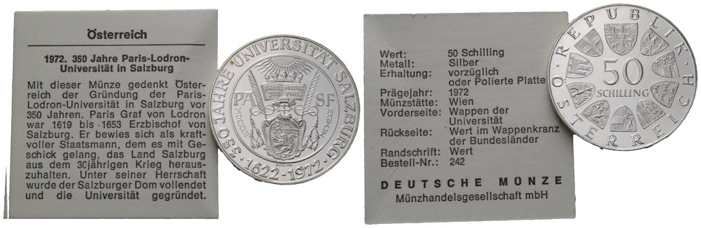  Österreich; 50 Schilling 1972; 350 Jahre Universität Salzburg (PP)   