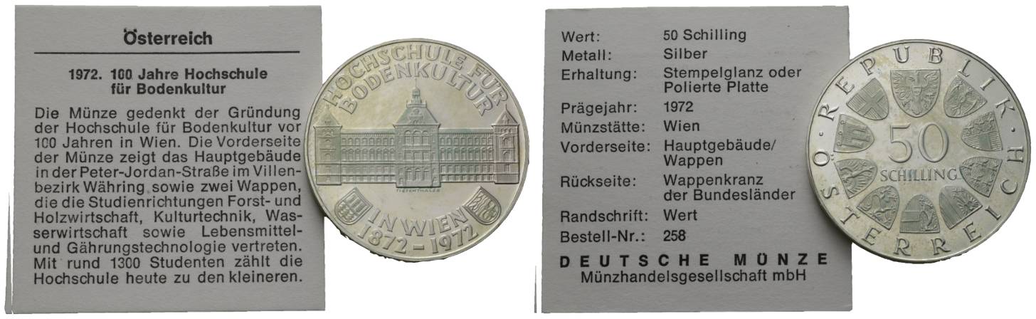  Österreich; 50 Schilling 1972; 100 Jahre Hochschule für Bodenkultur in Wien (PP)   