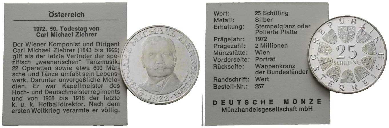  Österreich; 25 Schilling 1972; 50. Todestag von Carl Michael Ziehrer (PP)   