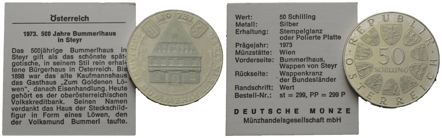  Österreich; 50 Schilling 1973; 500 Jahre Bummerlhaus in Steyer (PP)   
