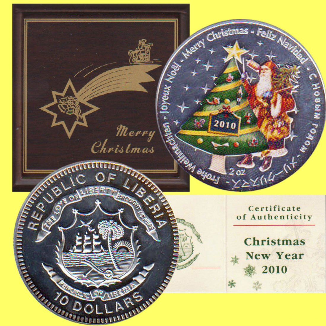  Liberia 10$ Silbermünze *Merry Chrismas* 2010 *PP* 2oz Silber in Farbe max 5.000St!   