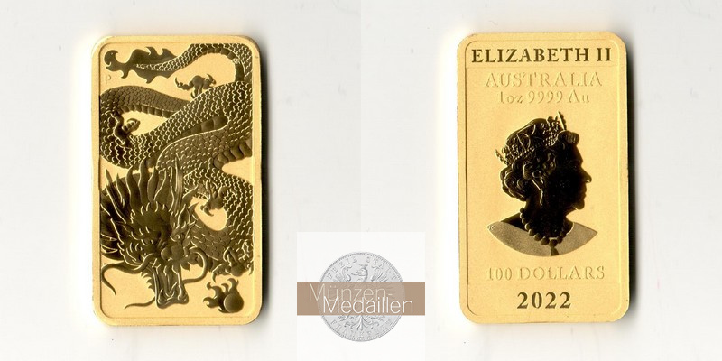 Australien  100 Dollar MM-Frankfurt Feingold: 31,1g Dragon Rectangle 2022 