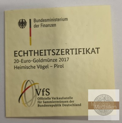 BRD   20 Euro MM-Frankfurt Feingold: 3,89g 20-Euro-Heimische Vögel-Pirol 2017 D 